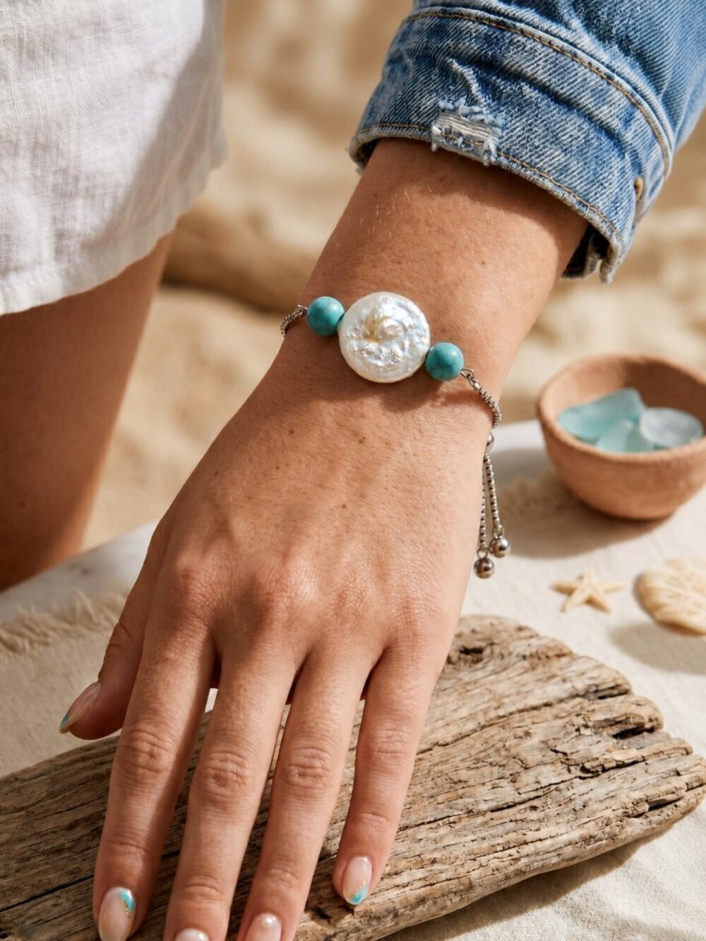Iridescent Coin Pearl Turquoise 18K White Gold Plated Bolo Bracelet Coastal